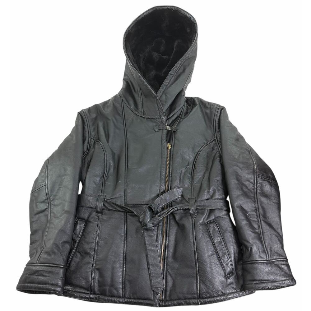 Vintage Wilsons Leather Womens Hooded Aviator Faux Fur Lined Belted Large Jacket